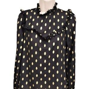 Women's Black with Gold Polka Dot Sheer Ruffled Neck Long Sleeve Blouse